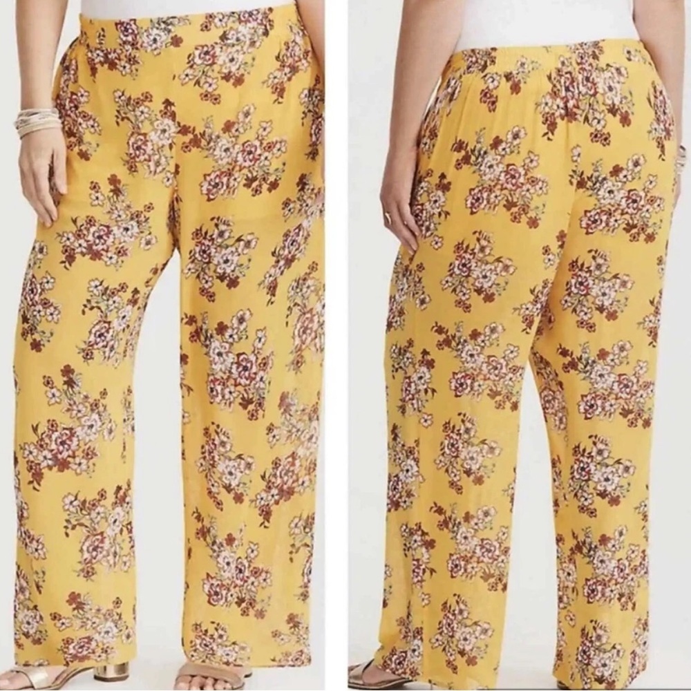 Torrid - Wide Leg Pants Yellow Floral Chiffon Semi Sheer with Short - Size 1 - Picture 1 of 13